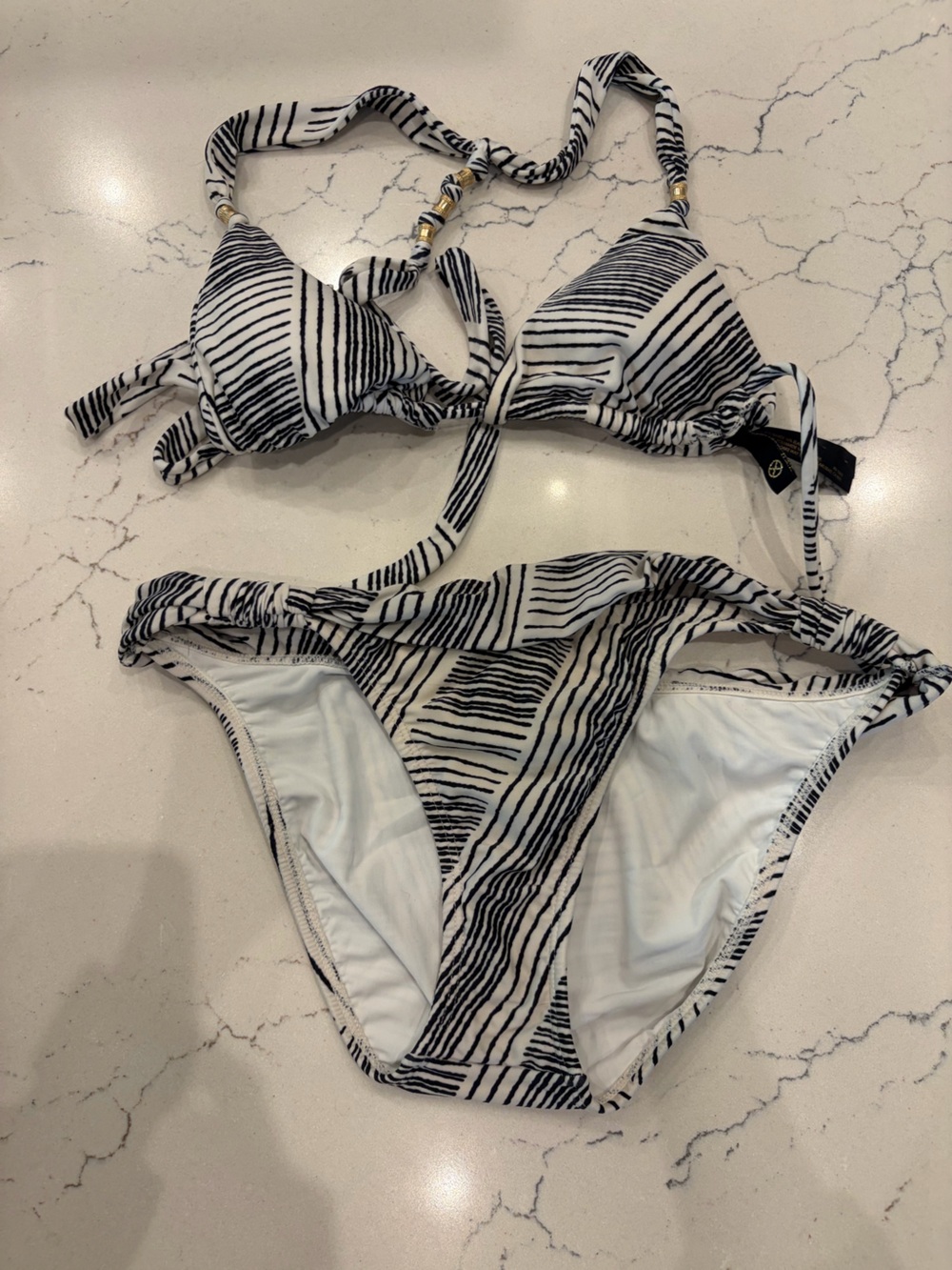 ViX Paula Hermanny Triangle Bikini Set Black White Stripe Gold Beads M/S
